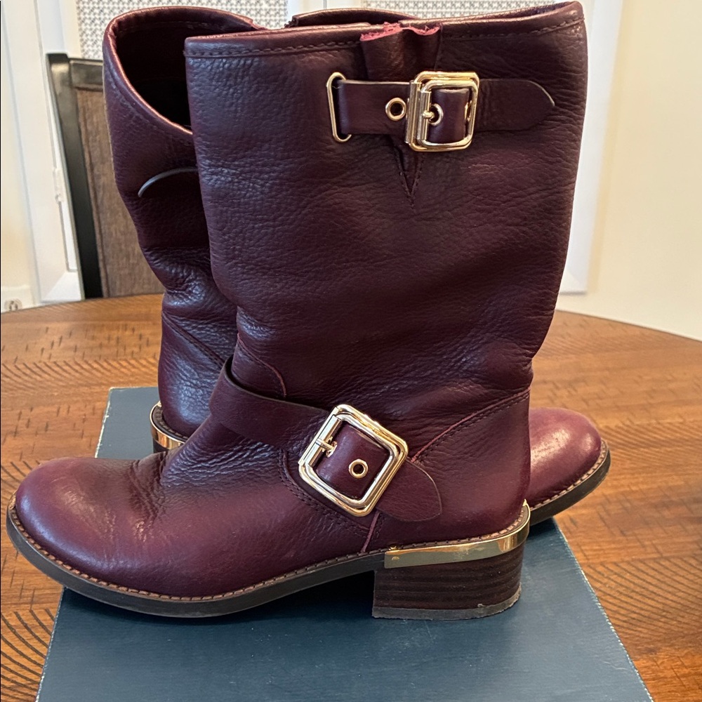 Vince Camuto Burgundy Ankle Boots with Gold Buckles